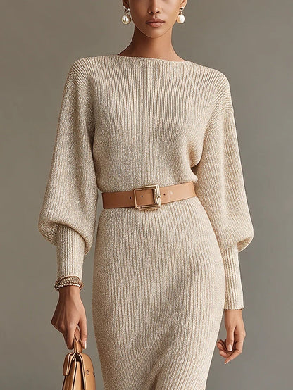 Adriana | Abito Midi a Coste con Cintura e Spacco, Avena