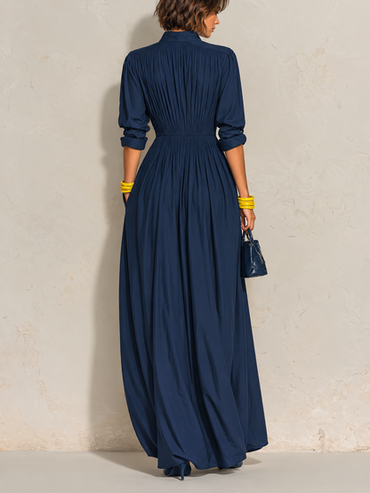 Clelia | Abito Lungo Plissé Blu Navy con Collo Alto e Scollo a V