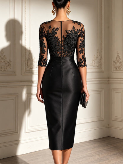 Abito Midi in Raso con Maniche in Tulle e Pizzo Nero