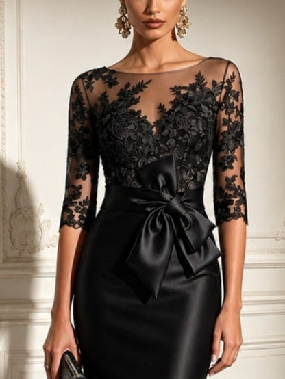 Abito Midi in Raso con Maniche in Tulle e Pizzo Nero