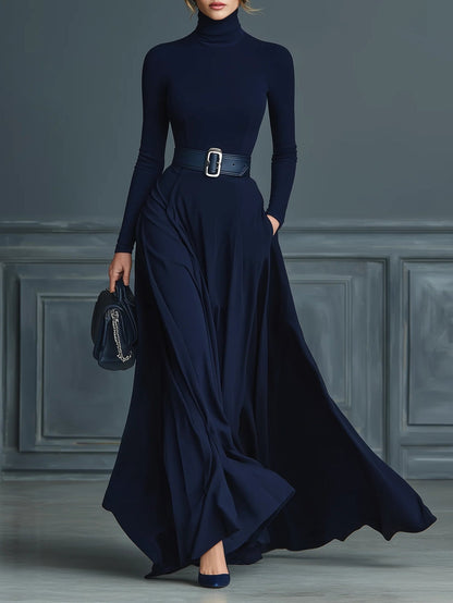 Elsa | Abito Lungo in Maglia con Collo Alto e Gonna Ampia, Blu Navy