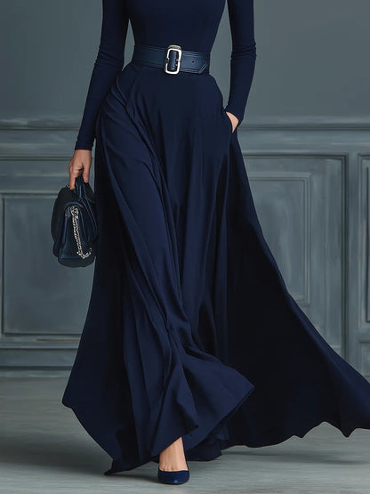 Elsa | Abito Lungo in Maglia con Collo Alto e Gonna Ampia, Blu Navy