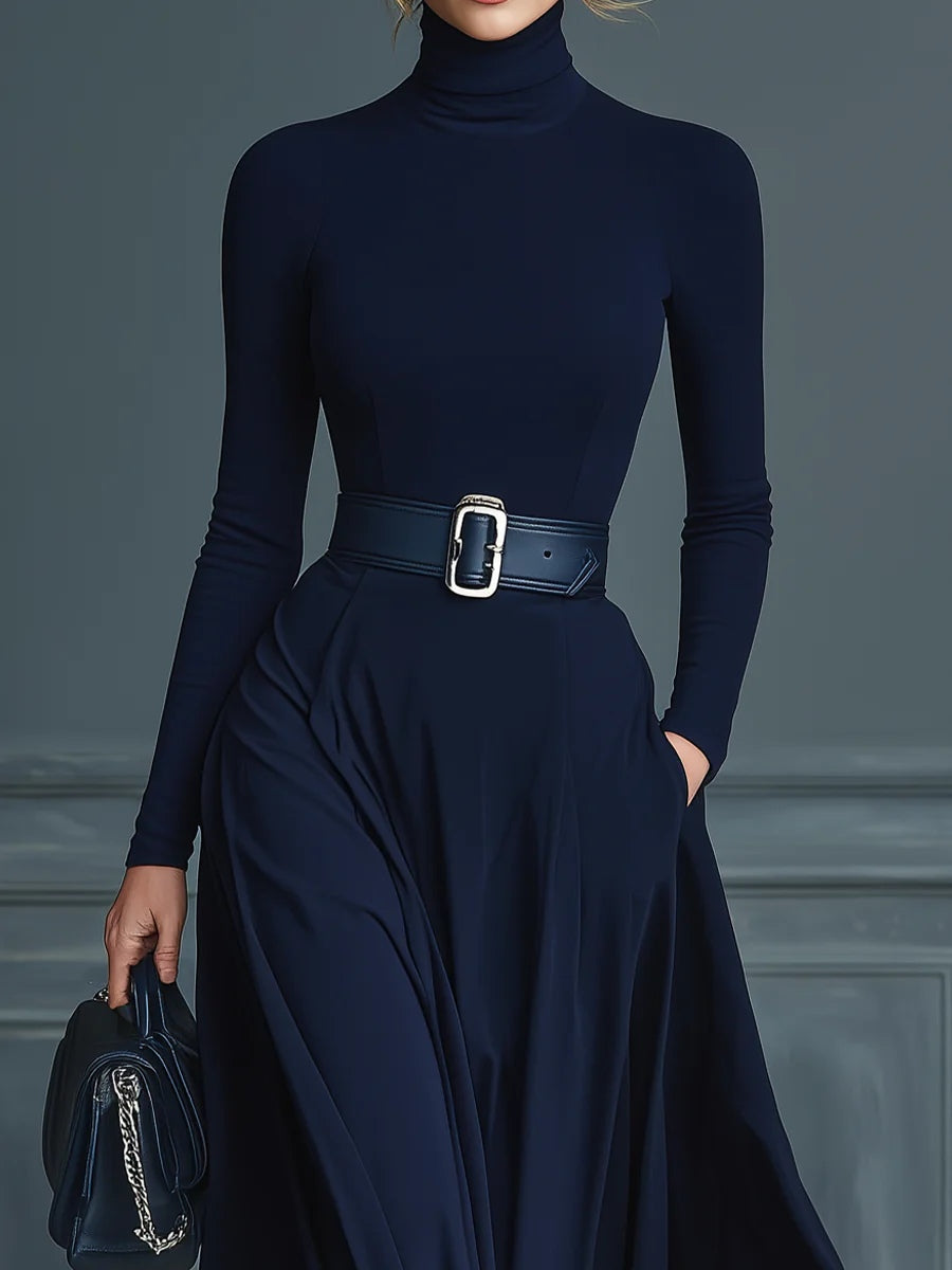Elsa | Abito Lungo in Maglia con Collo Alto e Gonna Ampia, Blu Navy