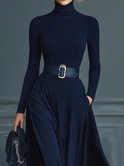 Elsa | Abito Lungo in Maglia con Collo Alto e Gonna Ampia, Blu Navy