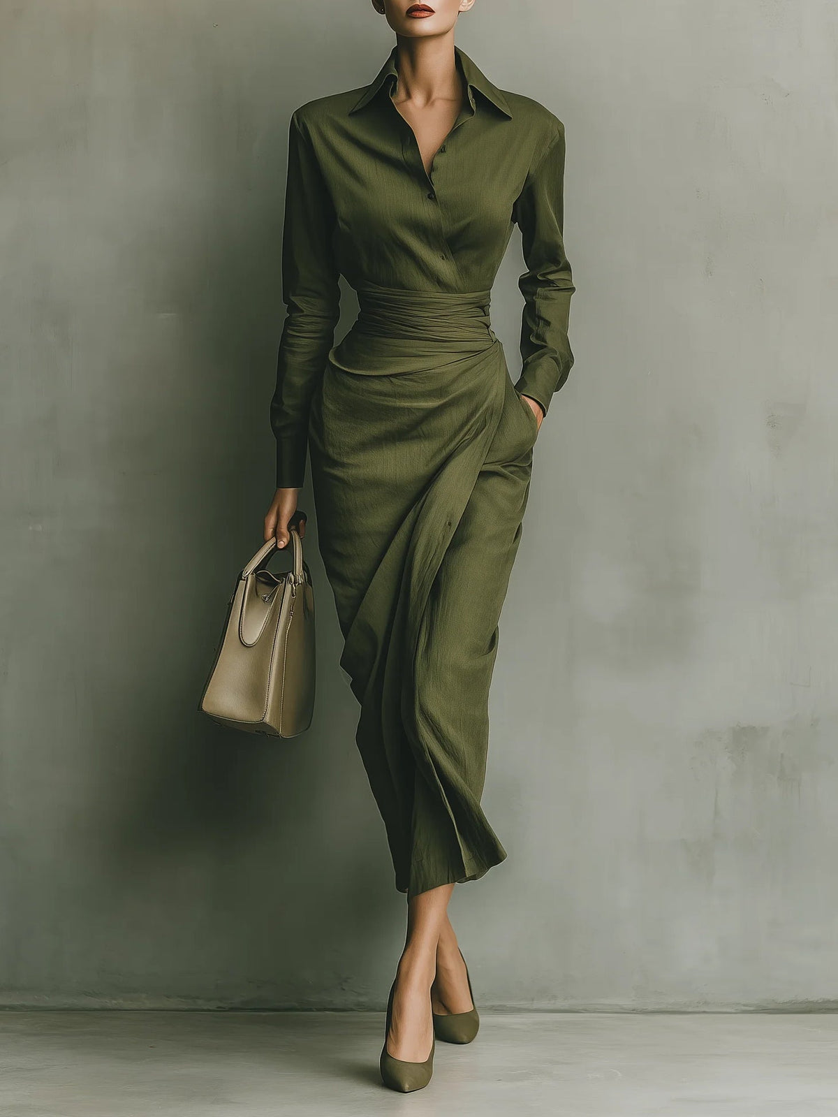 Ivana | Abito Lungo a Camicia con Vita Drappeggiata, Verde Militare