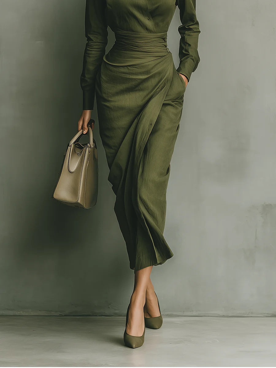Ivana | Abito Lungo a Camicia con Vita Drappeggiata, Verde Militare