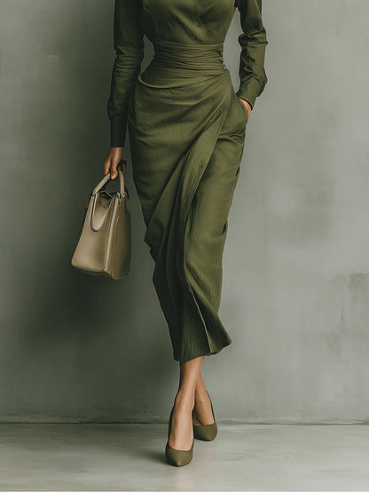 Ivana | Abito Lungo a Camicia con Vita Drappeggiata, Verde Militare