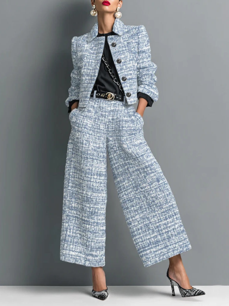 Filippa | completo giacca corta e pantalone in tweed, Azzurro