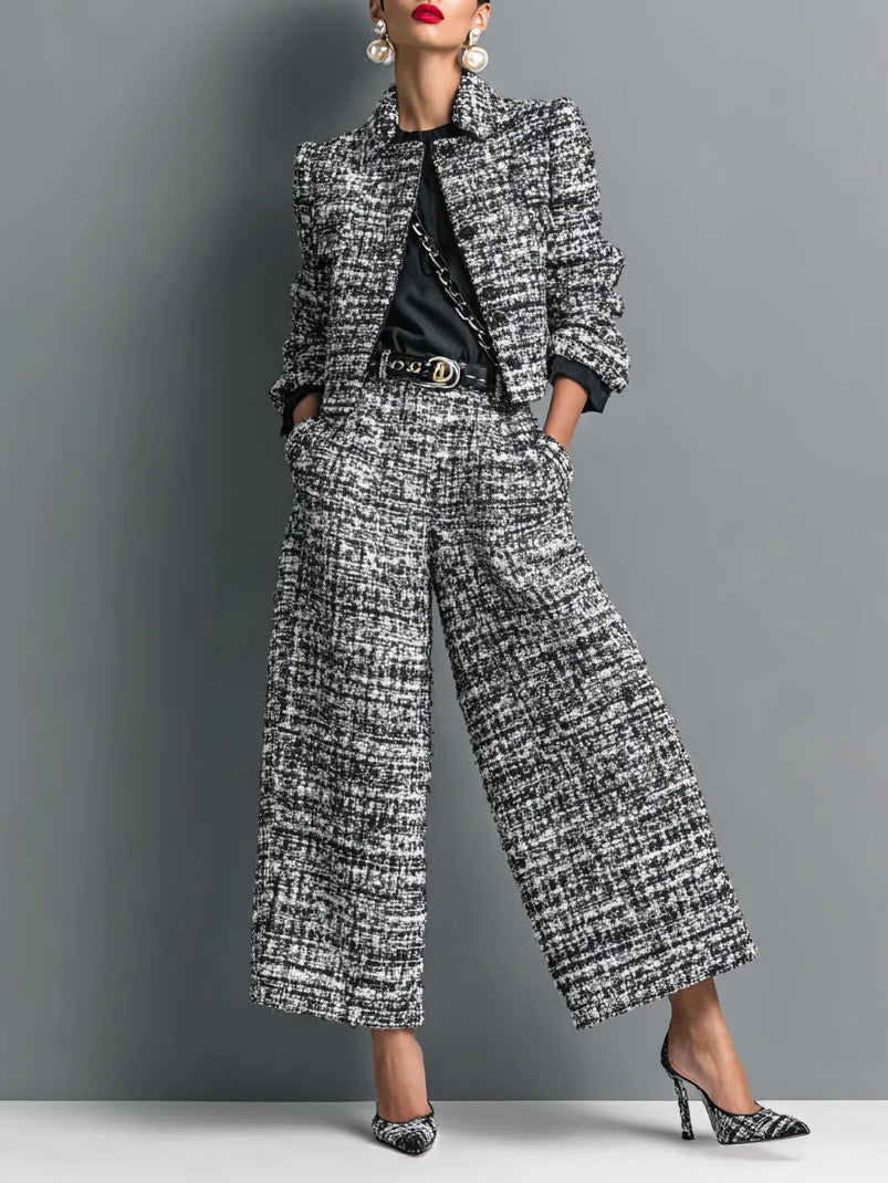 Filippa | completo giacca corta e pantalone in tweed, Bianco e Nero