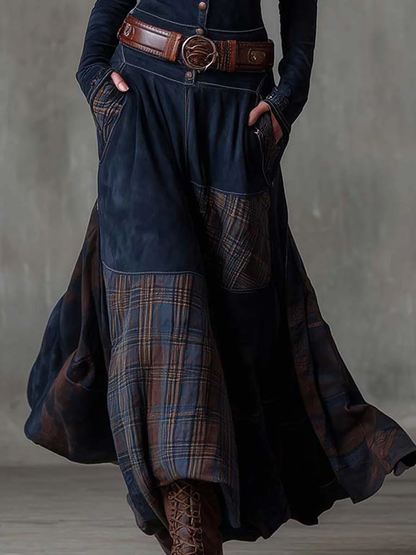 Stefania | Abito Maxi Effetto Camoscio con Cintura e Gonna Patchwork a Quadri