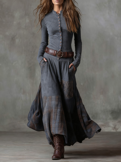 Stefania | Abito Maxi Effetto Camoscio con Cintura e Gonna Patchwork a Quadri