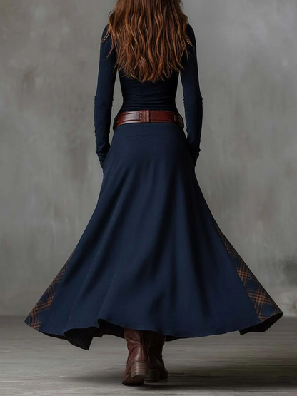 Stefania | Abito Maxi Effetto Camoscio con Cintura e Gonna Patchwork a Quadri