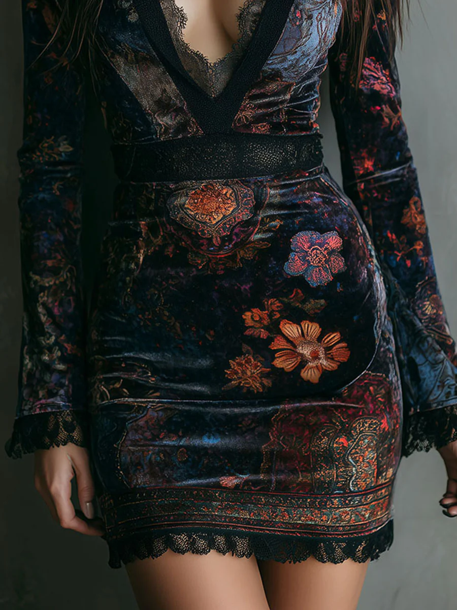 Liana | Abito Mini Floreale in Velluto con Scollo a V e Pizzo, Multicolore