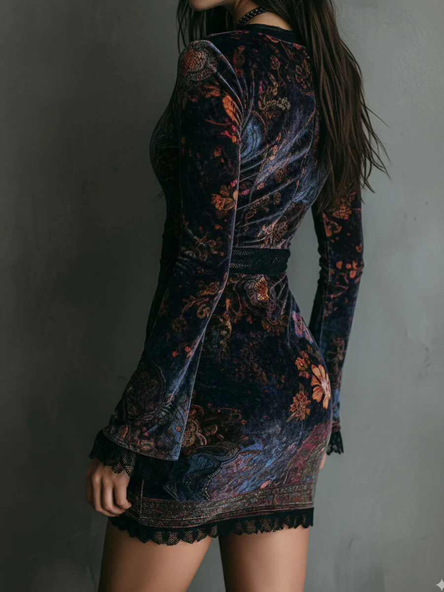 Liana | Abito Mini Floreale in Velluto con Scollo a V e Pizzo, Multicolore