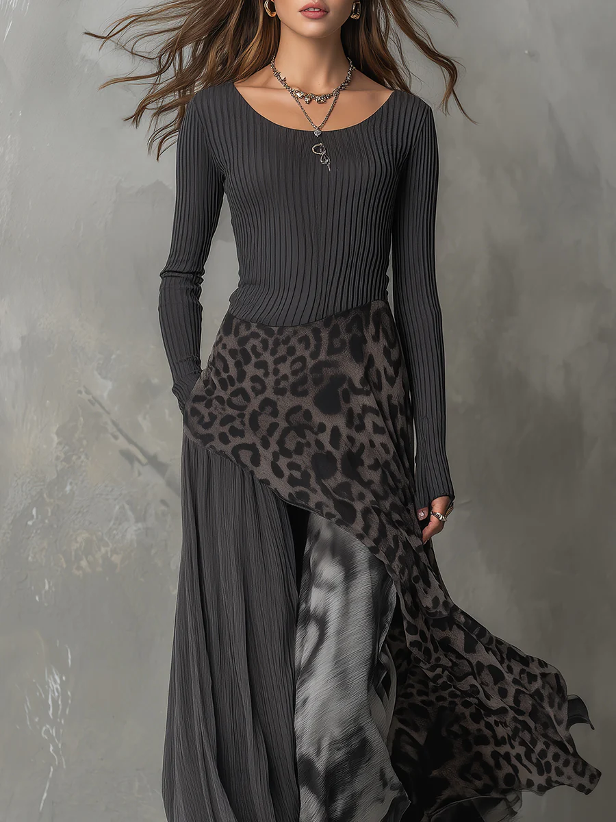 Isa | Abito Maxi a Coste con Inserto Leopardato, Grigio