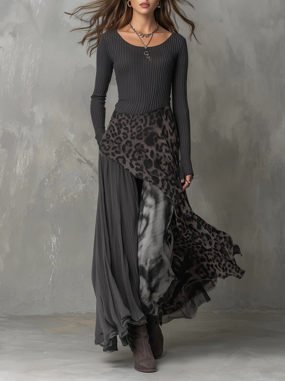 Isa | Abito Maxi a Coste con Inserto Leopardato, Grigio