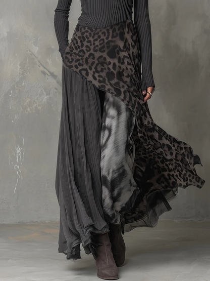 Isa | Abito Maxi a Coste con Inserto Leopardato, Grigio