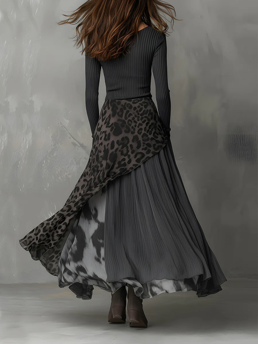 Isa | Abito Maxi a Coste con Inserto Leopardato, Grigio