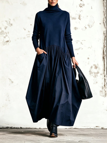 Odette | Abito Maxi Oversize a Collo Alto con Gonna Arricciata, Nero