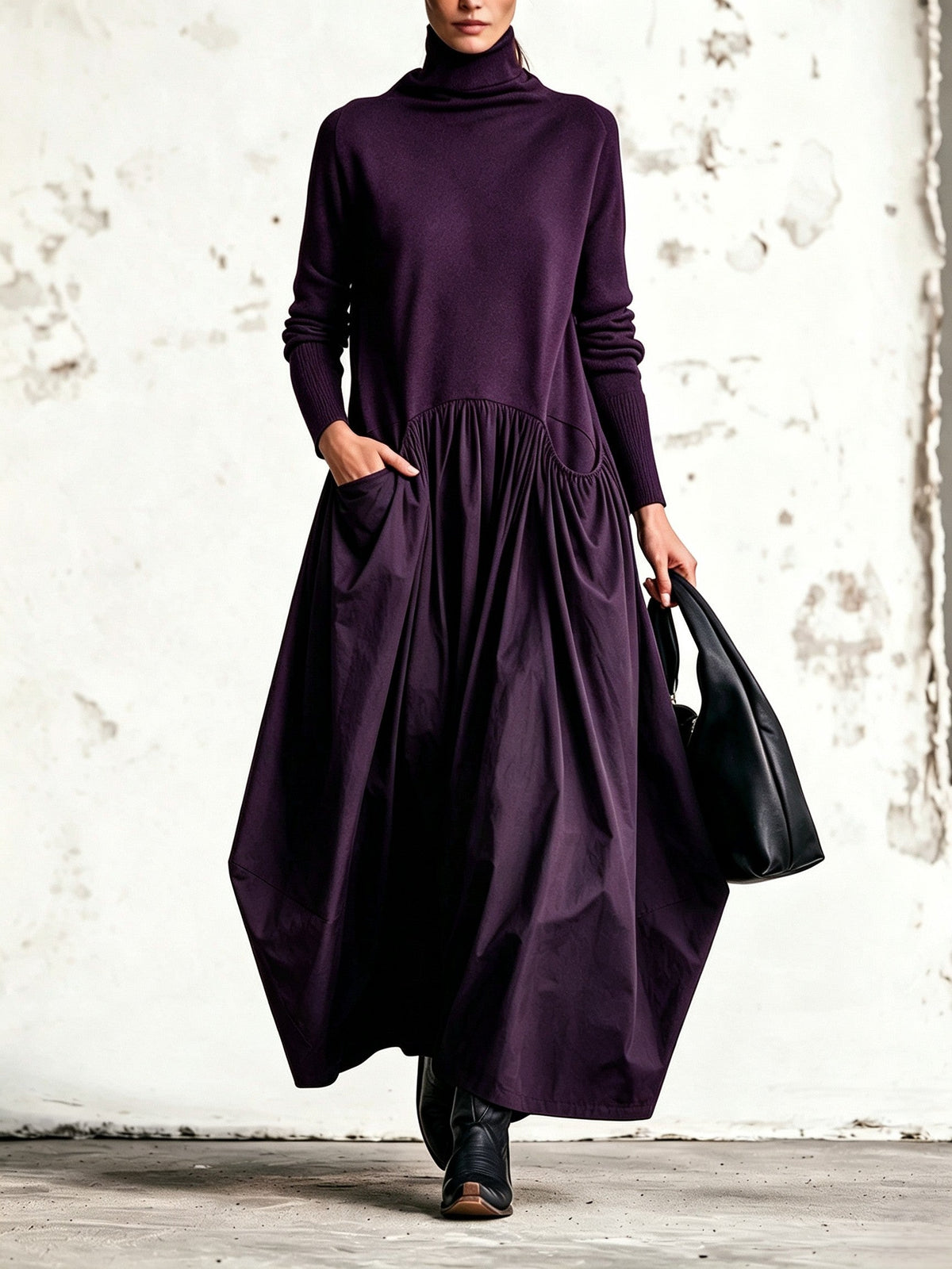 Odetta – abito maxi a collo alto con gonna ampia viola scuro, vista frontale