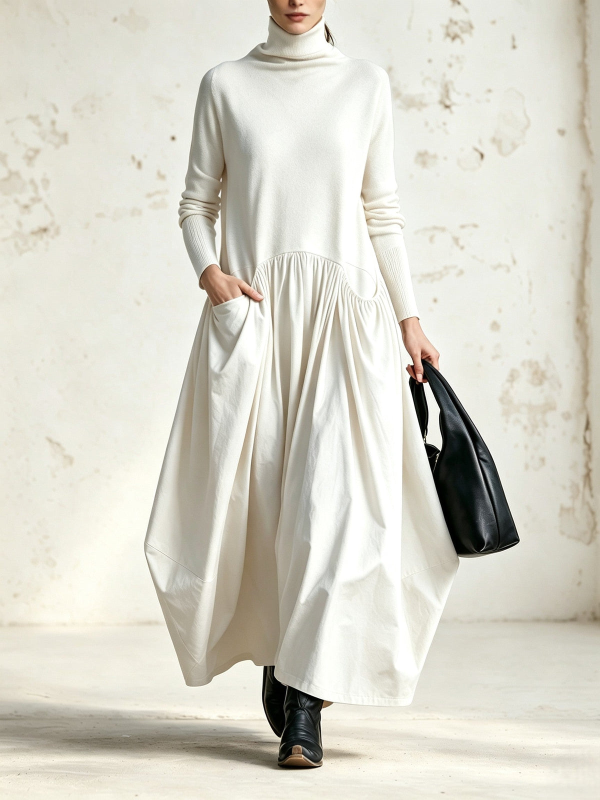 Odetta – abito maxi a collo alto con gonna ampia bianco, vista frontale