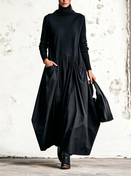 Odette | Abito Maxi Oversize a Collo Alto con Gonna Arricciata, Nero