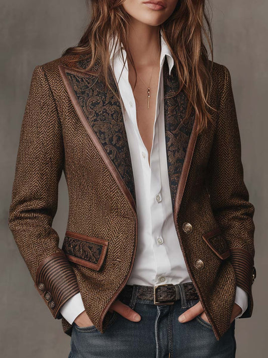 Gisèle | Blazer in Tessuto a Spina di Pesce con Revers Paisley, Marrone
