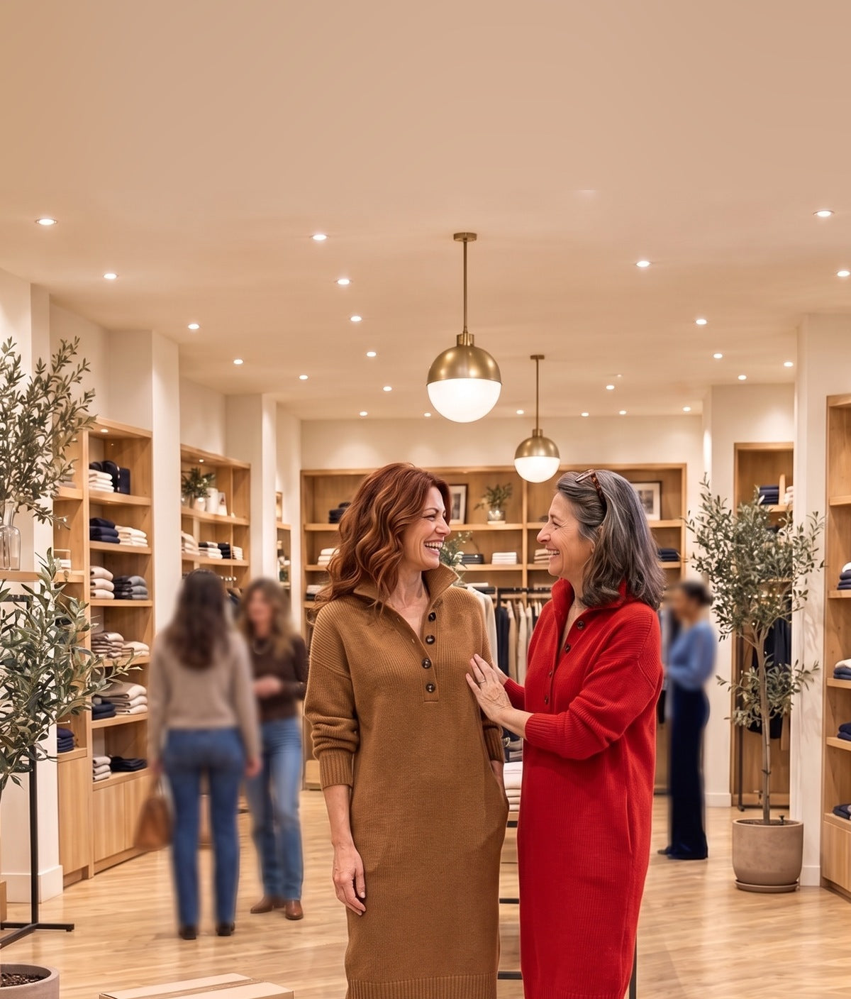 Elena e Valentina in boutique con gli abiti in maglia con collo abbottonato