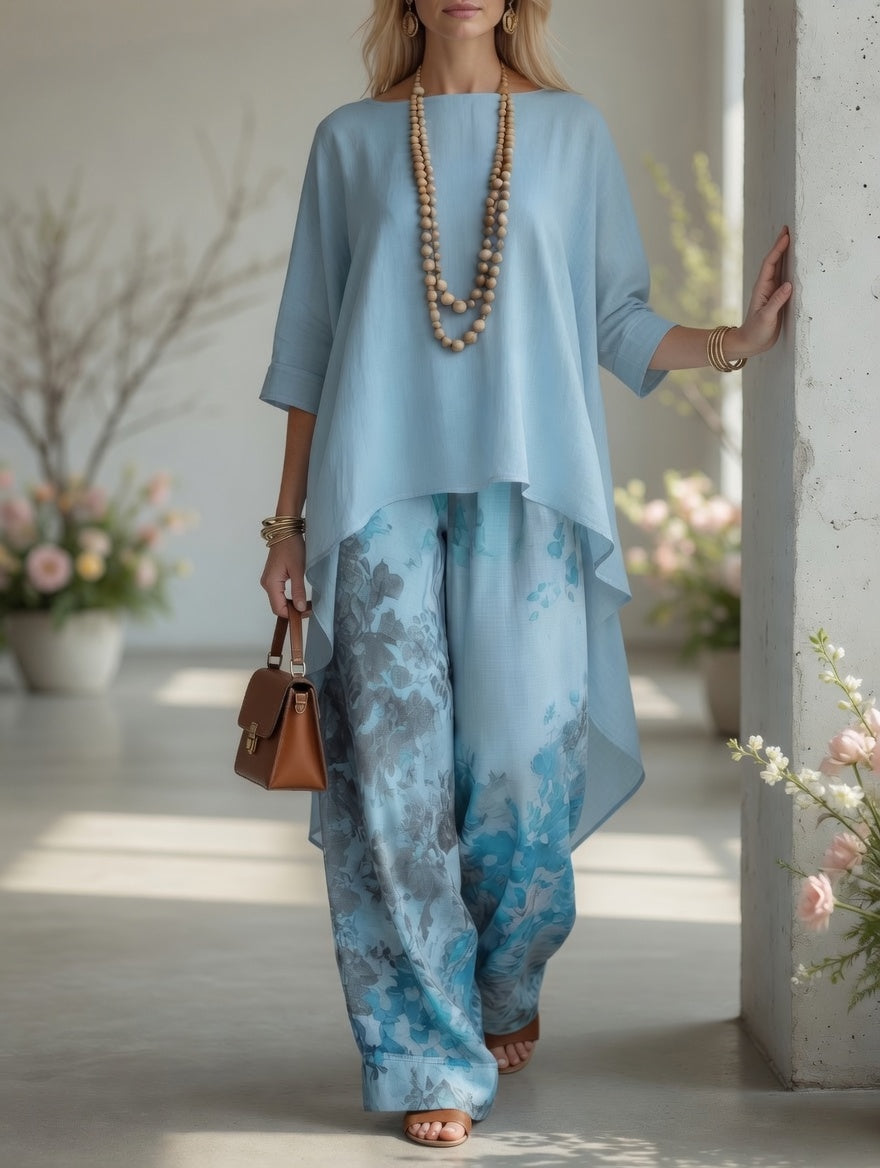 Ileana, completo tunica asimmetrica e pantalone ampio a fiori acquerello, azzurro