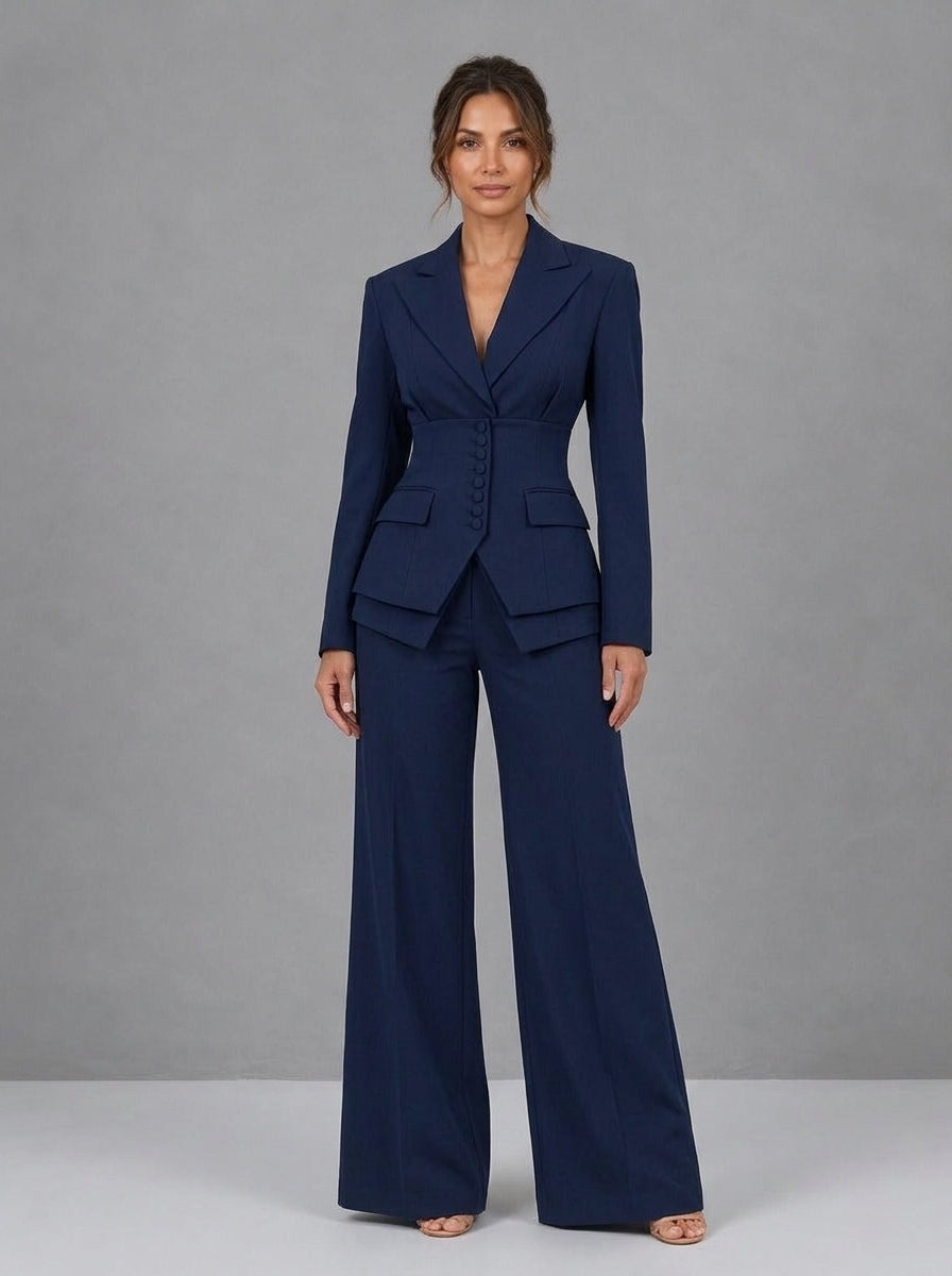 Alina — completo blazer e pantalone a palazzo blu navy, vista frontale