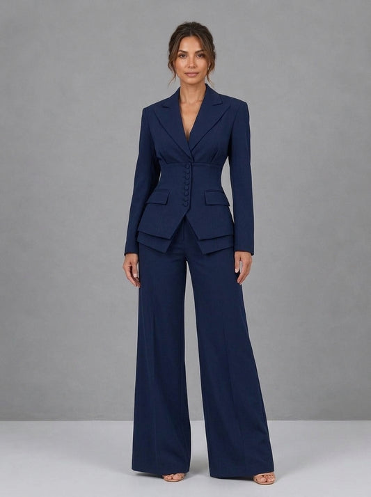 Alina — completo blazer e pantalone a palazzo blu navy, vista frontale