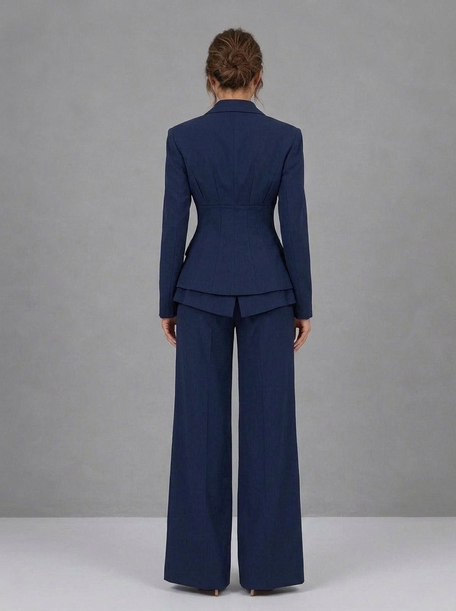 Alina — completo blazer e pantalone a palazzo blu navy, vista posteriore