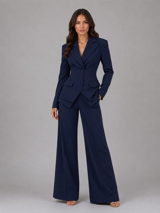 Anselma, completo due pezzi con blazer a vita segnata e pantaloni a palazzo, blu navy
