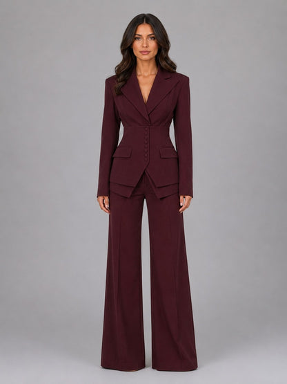 Anselma, completo due pezzi con blazer a vita segnata e pantaloni a palazzo, bordeaux