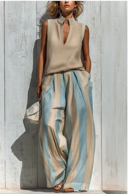 Beata | completo top smanicato e pantalone a righe, Sabbia