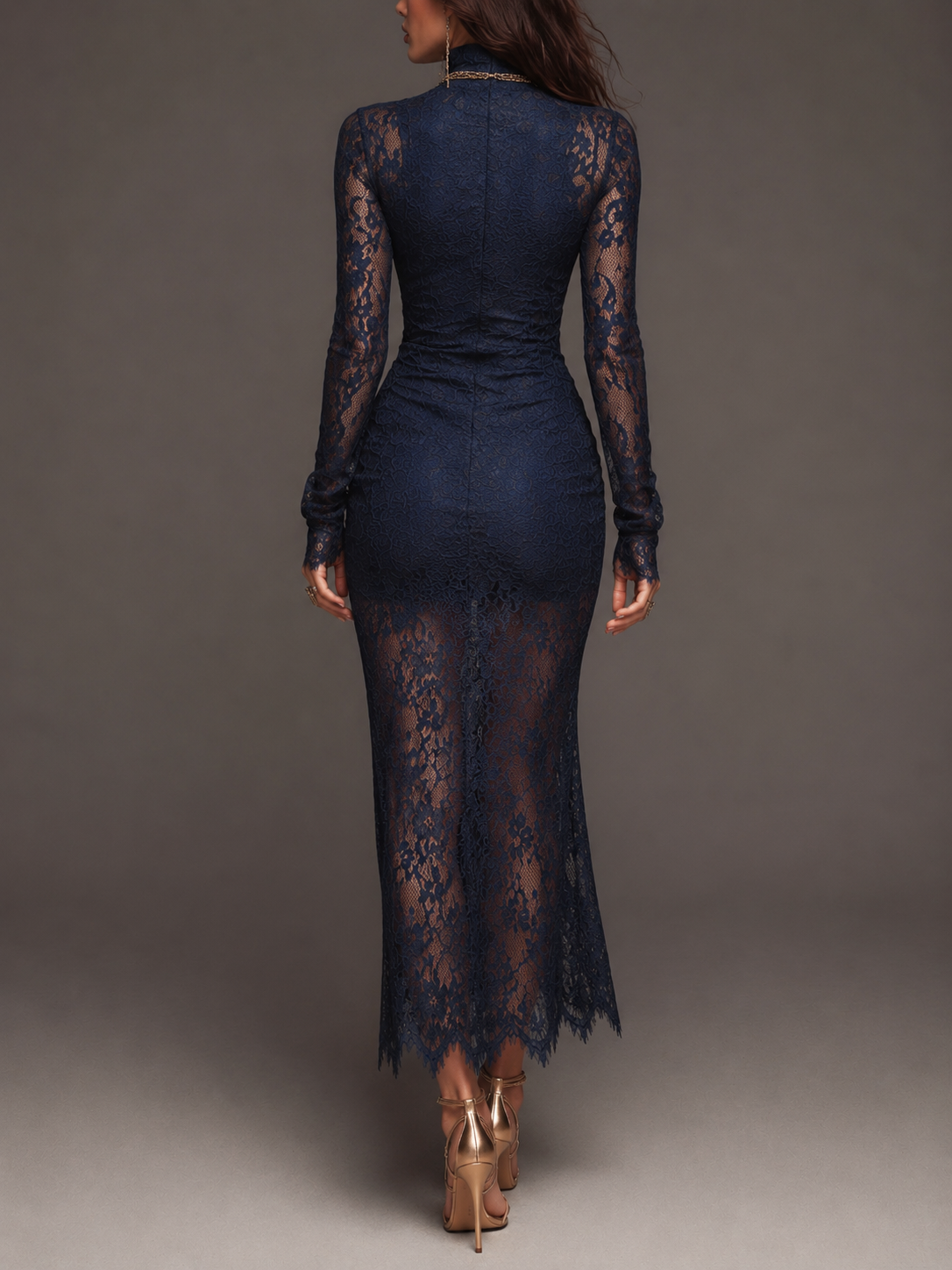 Eufrasia | Abito Midi in Pizzo Floreale con Collo Alto, Blu Navy