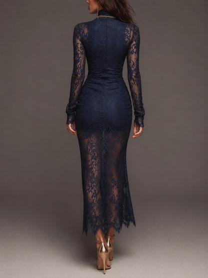 Eufrasia | Abito Midi in Pizzo Floreale con Collo Alto, Blu Navy