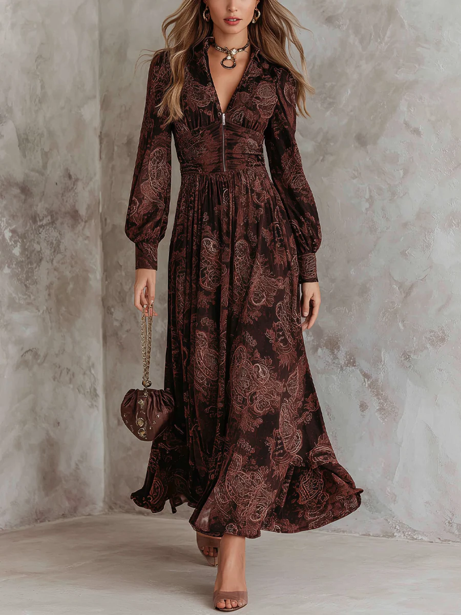 Armida | Abito Midi Paisley con Zip allo Scollo, Bordeaux