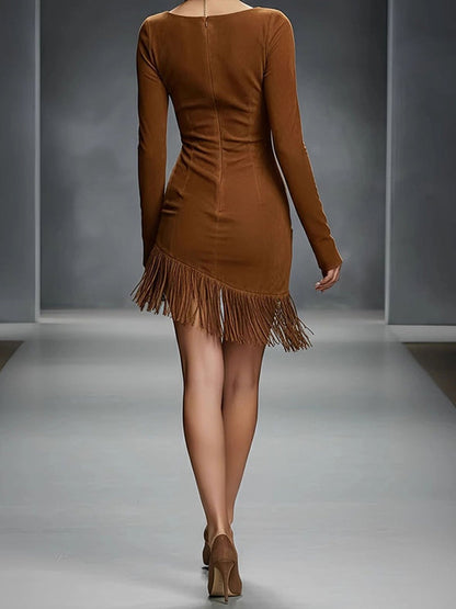 Bernardina, abito mini aderente effetto suede con frange sull'orlo, cognac, vista da dietro