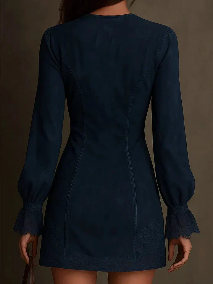 Leopoldina | Abito Mini Effetto Scamosciato con Zip e Pizzo, Blu