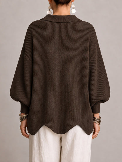 Cardigan marrone cioccolato a coste, vista posteriore con orlo smerlato
