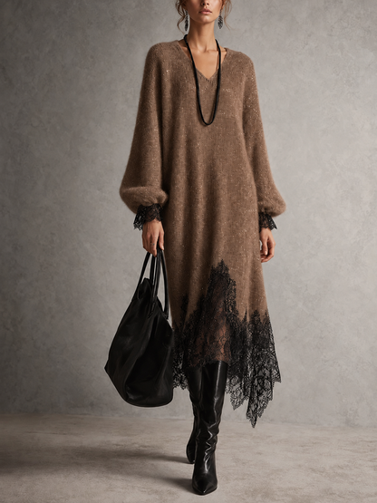 Solange | Abito Midi in Maglia con Scollo a V e Orlo in Pizzo