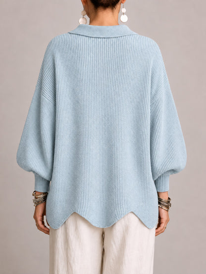 Cardigan Oriana azzurro polvere a coste con orlo smerlato, vista posteriore