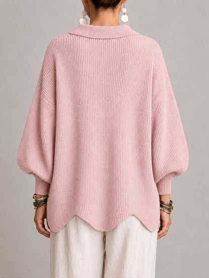 Cardigan Clelia rosa cipria a coste con orlo smerlato, vista posteriore
