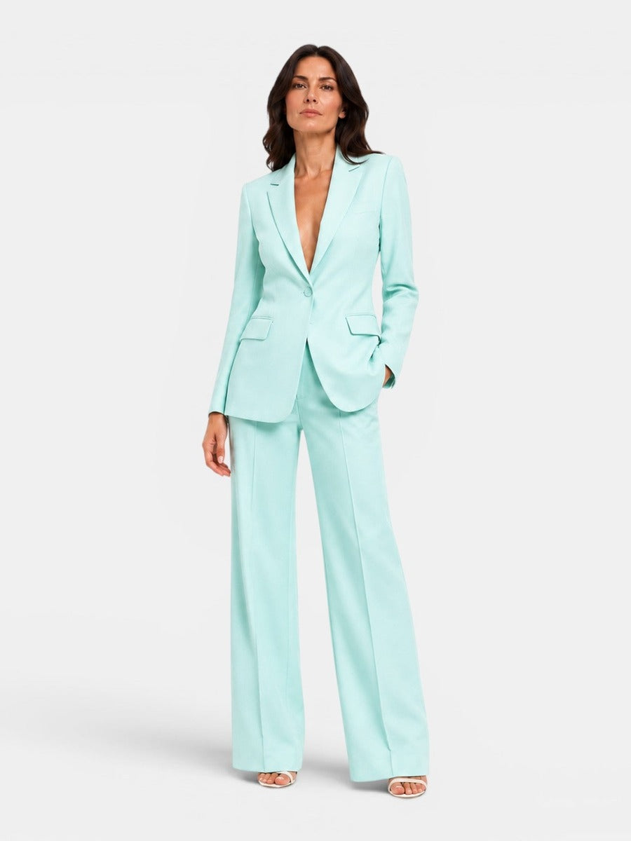 Clorinda, completo blazer e pantaloni larghi, turchese