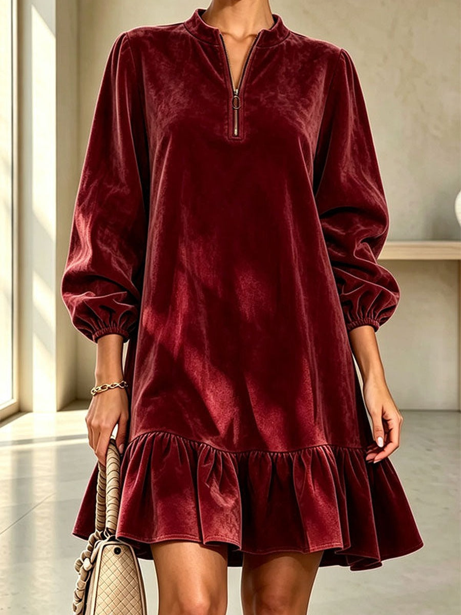 Crescenza, abito mini effetto suede con collo zip e orlo a volant, bordeaux