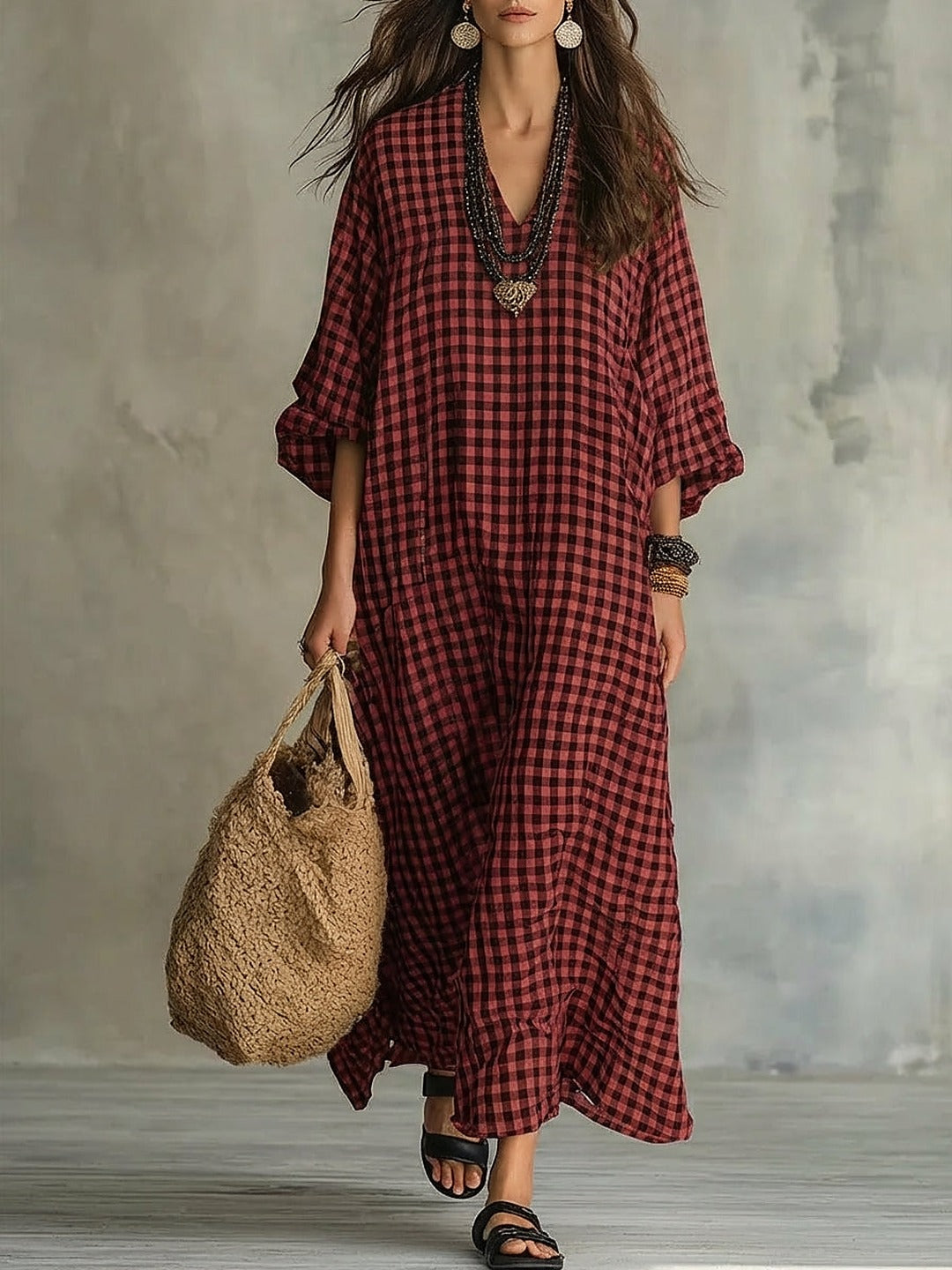 Cristina, abito maxi oversize a quadretti, Rosso