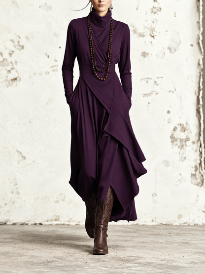 Diletta | Abito Maxi Bohémien in Cotone con Collo Alto e Drappeggio Asimmetrico