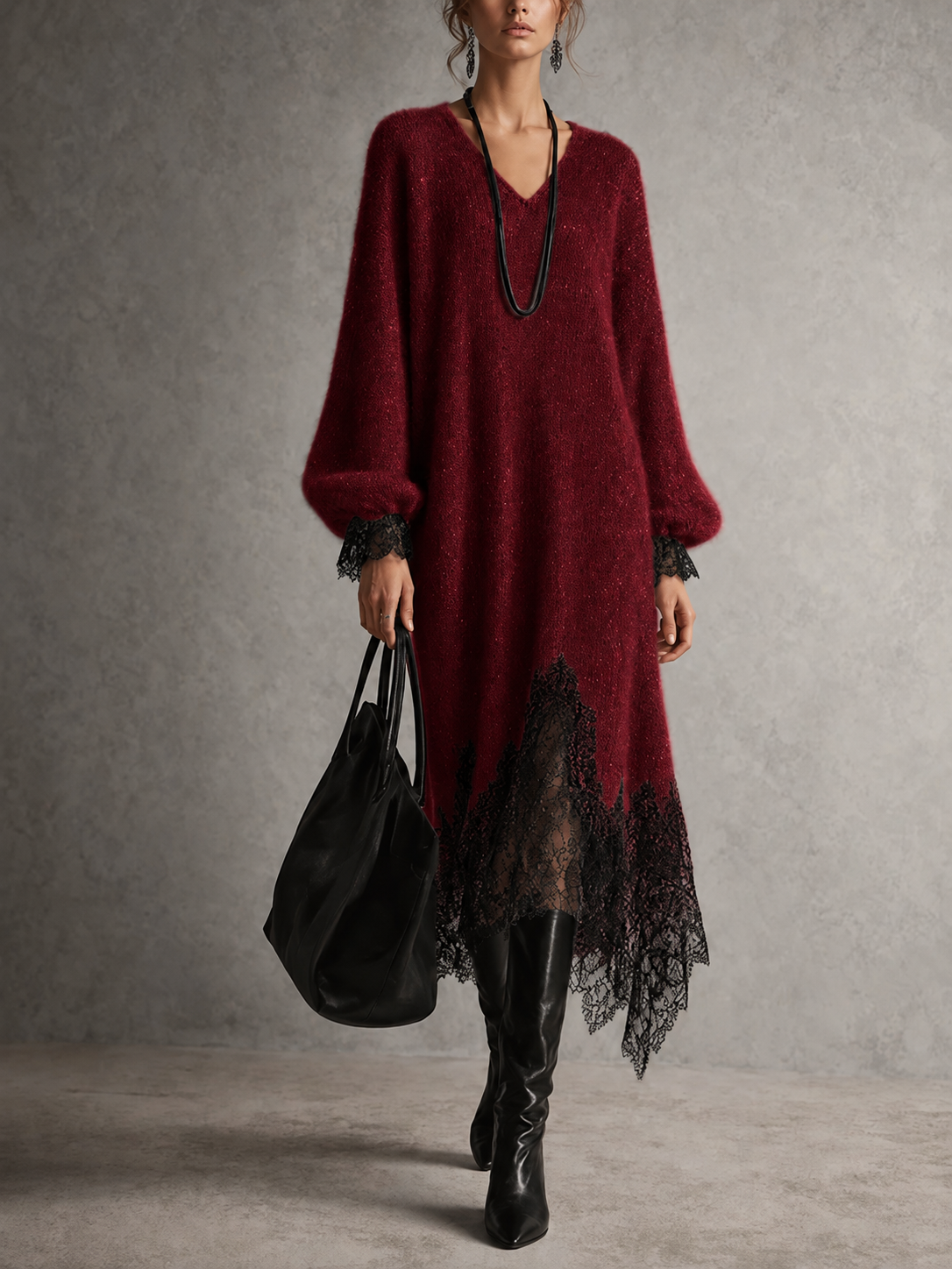 Solange | Abito Midi in Maglia con Scollo a V e Orlo in Pizzo