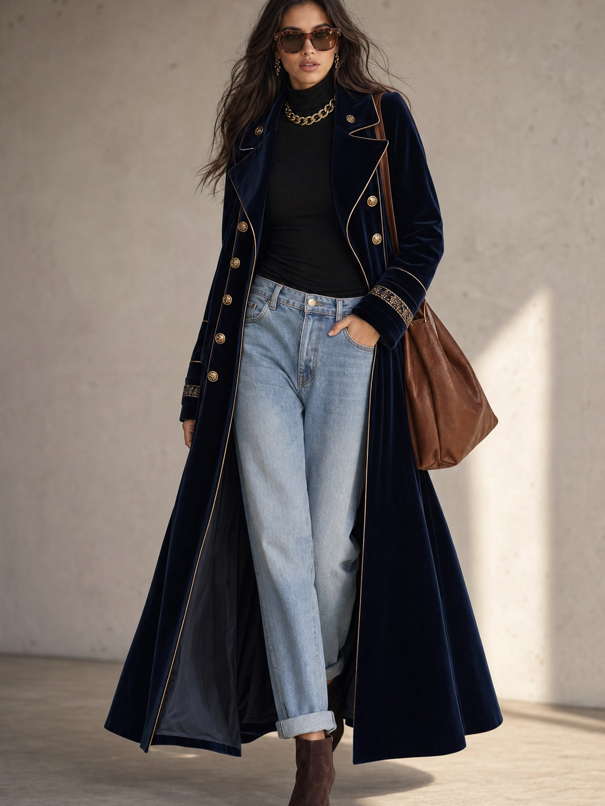 Cordelia | Cappotto Lungo in Velluto con Doppiopetto e Profili Dorati, Blu Navy